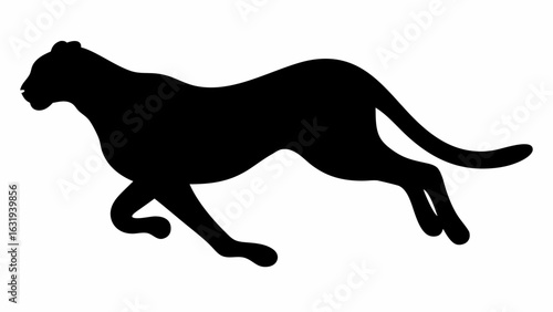 Silhouette of a cheetah running with its legs extended and tail curved in a white background illustration