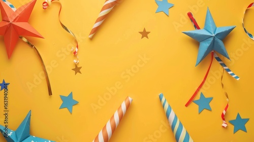 Wallpaper Mural Festive flat lay featuring origami stars, party horns and vibrant streamers Torontodigital.ca
