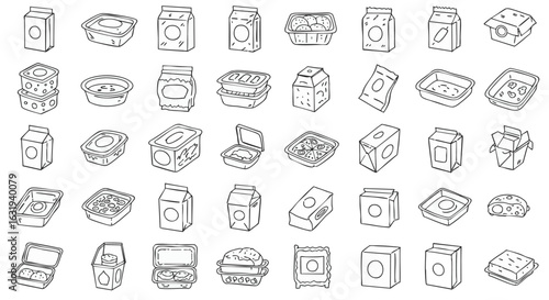 A collection of various food containers and packaging, including boxes, trays, and cartons, displayed in a neat grid pattern.