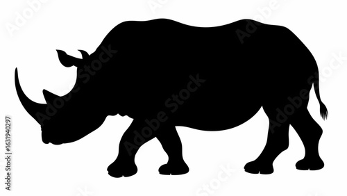 Silhouette of a rhinoceros standing with its head slightly lowered and facing towards the left side