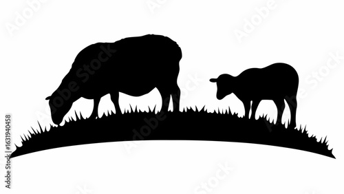 Silhouette of a sheep grazing on grass next to a lamb standing on a small hill in black and white drawing