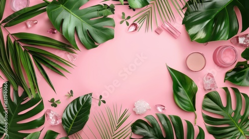 Wallpaper Mural Tropical sanctuary: botanical elements, cosmetics, and crystal accents on pastel pink Torontodigital.ca