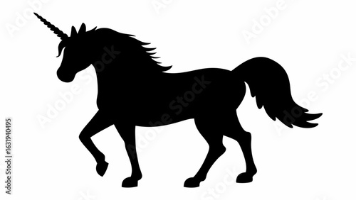 Silhouette of a unicorn with a long horn and flowing mane and tail standing against a white background