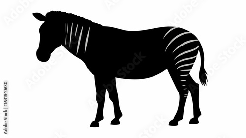Silhouette of a zebra with white stripes on its neck and hindquarters against white background design