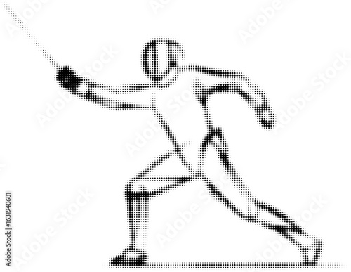 Silhouette of a fencer in action with a dotted pattern design