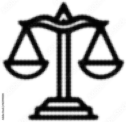 Black and white halftone scales of justice icon, abstract symbolism