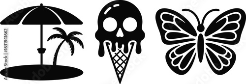 Tropical island umbrella ice cream and butterfly icons
