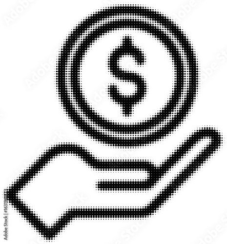 Hand holding dollar coin in halftone black and white icon design