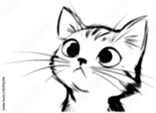 Adorable black and white halftone kitten illustration with wide eyes