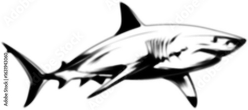 Halftone graphic of a great white shark in black and white pattern