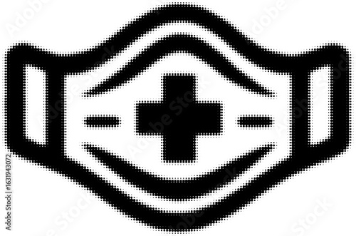 Medical face mask icon in black and white with a cross in the center
