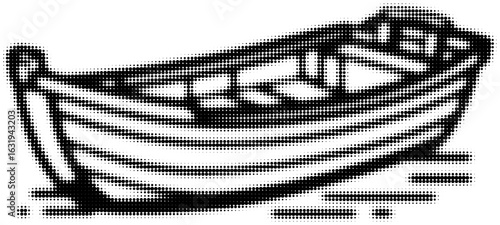 Monochrome pixel art of wooden rowboat on water surface