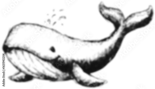 Pixelated black and white whale with water spout, digital art illustration