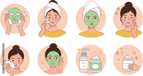 Modular skincare steps illustration featuring facial masks, foam cleansers, towel wrap, serum jar, and sparkle effects in inclusive flat style with clean character icons
