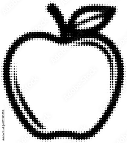 Black and white halftone apple sketch with leaf