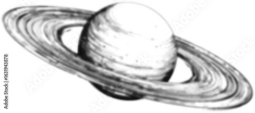 Black and white dotted illustration of saturn with rings, retro style