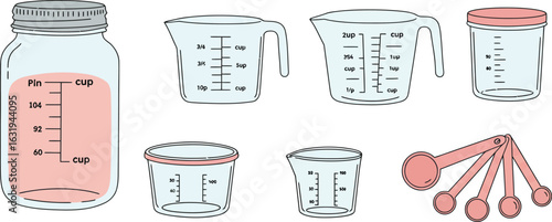 Cooking measurement tools vector set with modular cups, spoons, glass jar, and metric milliliter markings—flat design perfect for kitchen or instructional visuals