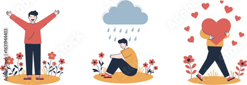 Emotional states vector set featuring joyful celebration, sadness under rain cloud, and loving connection with heart visuals in flat design for mental wellness themes