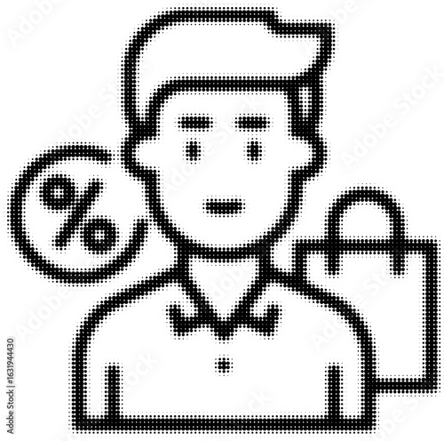Man with shopping bag and discount symbol in minimalist dot style