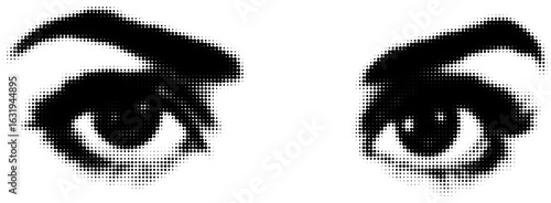 Halftone black and white illustration of expressive eyes with thick eyebrows