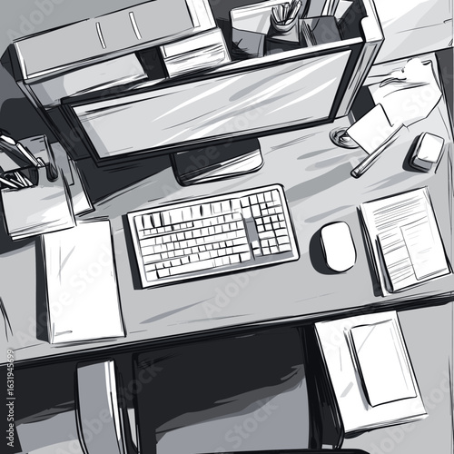 Minimalist Desk Setup with Computer and Stationery