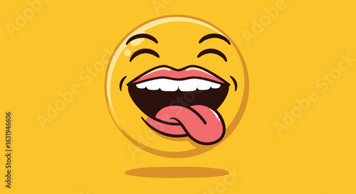 Cartoon emoticon depicting a happy, joyful face with a sticking out tongue.