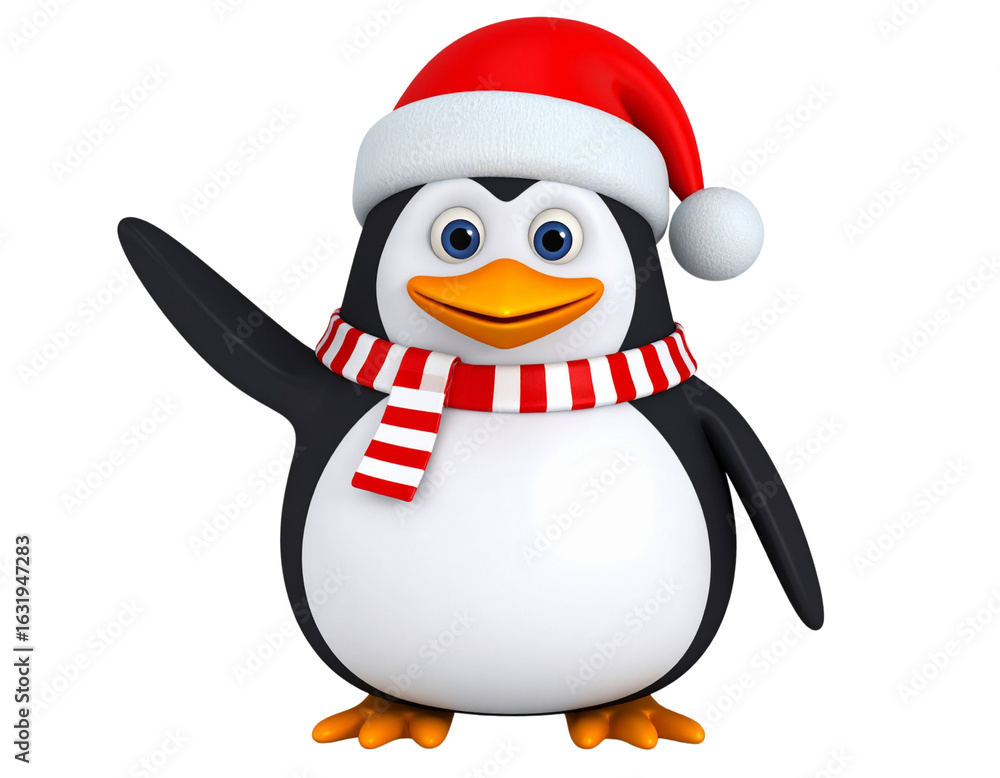 Fototapeta premium Festive Penguin with Santa Hat and Scarf, Waving Pose, 3D Style