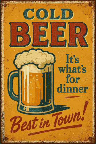 A vintage cold beer sign, advertising the best in town, with a frothy beer mug. Vintage vector tin sign with retro text and distressed look