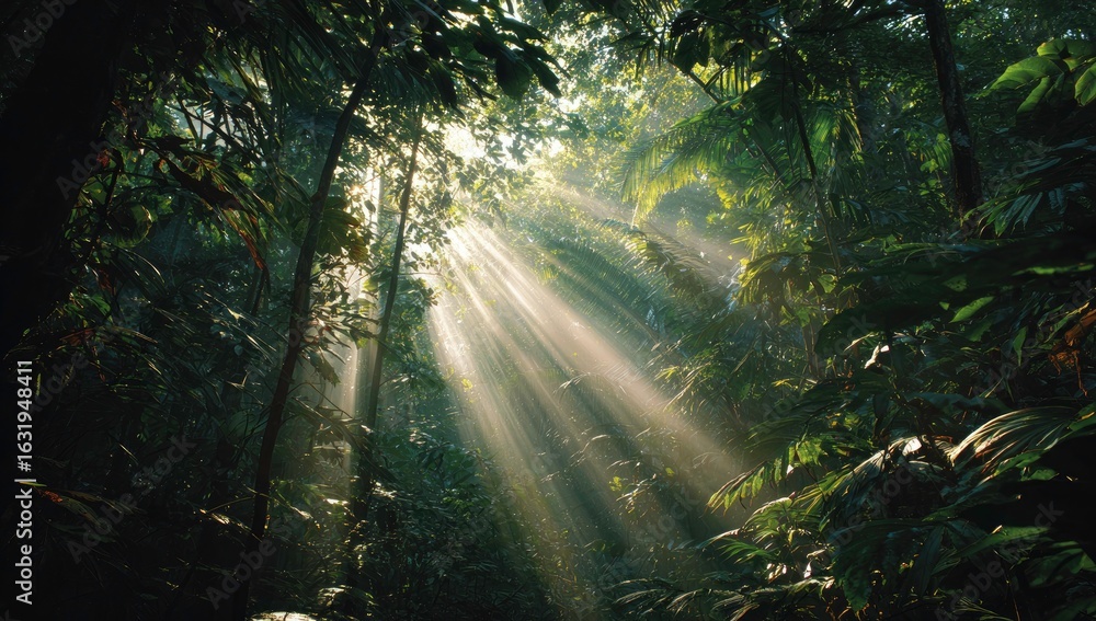 Obraz premium Sunlight Shining Through Lush Green Tropical Rainforest Canopy in the Morning