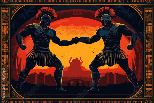 Epic Greek warriors fighting at sunset