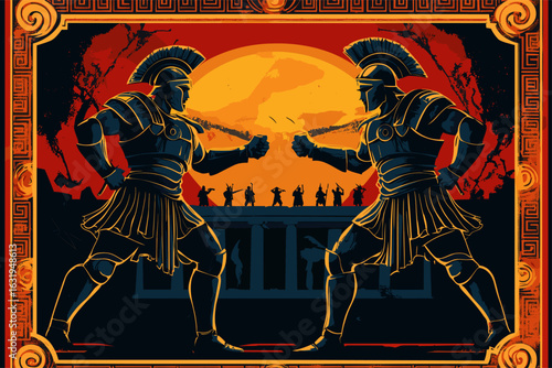 Epic Greek warriors fighting at sunset