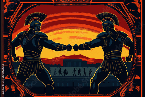 Epic Greek warriors fighting at sunset