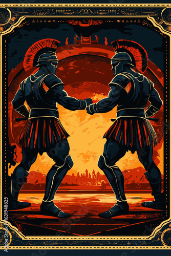 Epic Greek warriors fighting at sunset