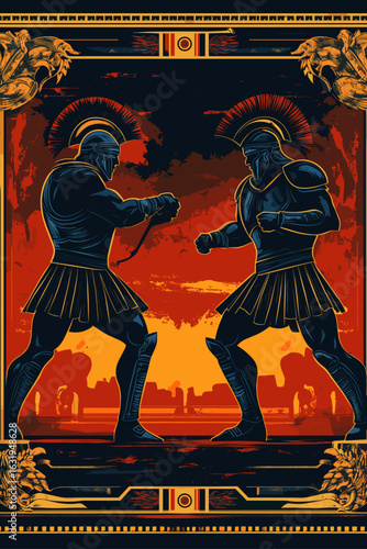 Epic Greek warriors fighting at sunset