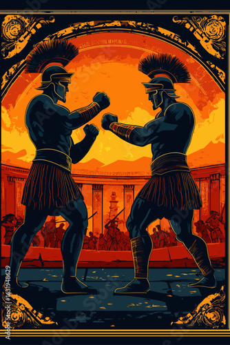 Epic Greek warriors fighting at sunset