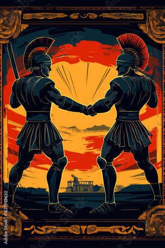 Epic Greek warriors fighting at sunset