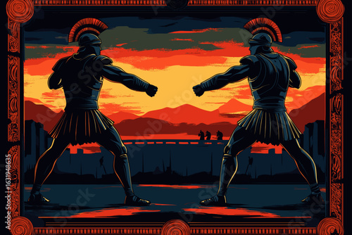 Epic Greek warriors fighting at sunset
