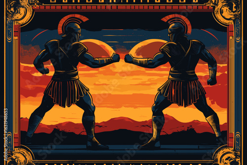 Epic Greek warriors fighting at sunset
