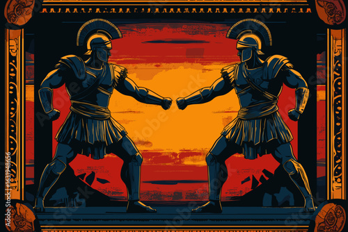Epic Greek warriors fighting at sunset