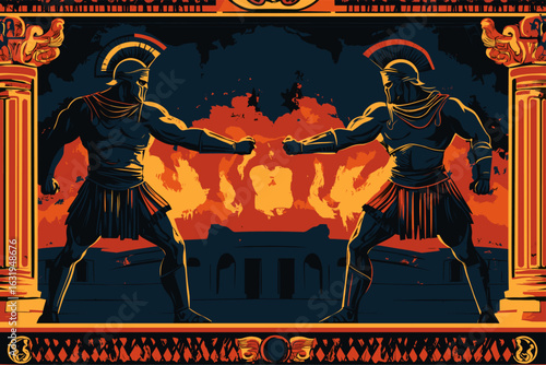 Epic Greek warriors fighting at sunset