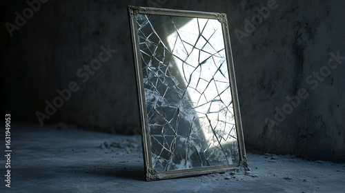 Shattered mirror in a dark room with an ornamental frame