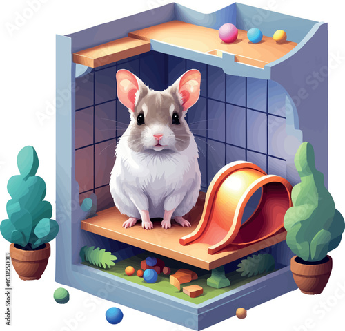 Isometric vector chinchilla sitting on shelf in enclosure with toy tunnel, vector-friendly, isolated on white