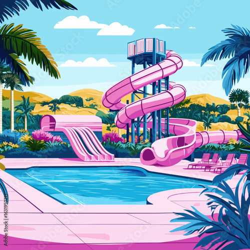 Vibrant Retro Water Park with Slides and Pools