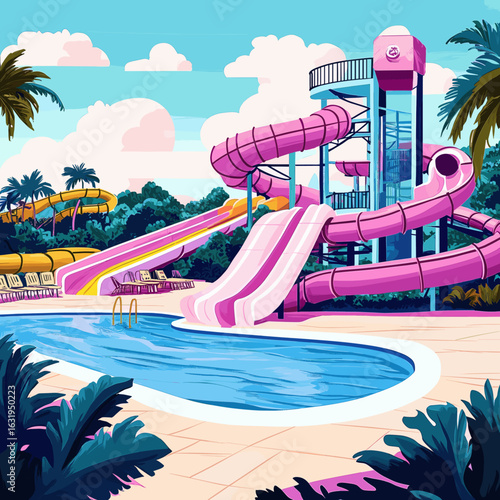 Vibrant Retro Water Park with Slides and Pools