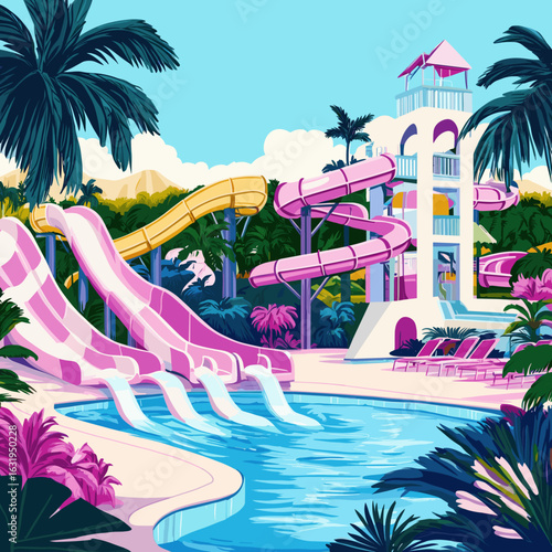 Vibrant Retro Water Park with Slides and Pools