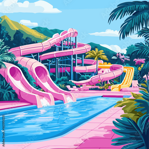 Vibrant Retro Water Park with Slides and Pools
