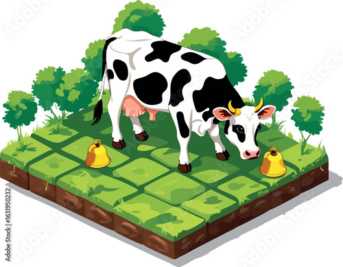 Isometric vector cow grazing on a field tile, bell around neck, vector-friendly, isolated on white