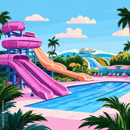 Vibrant Retro Water Park with Slides and Pools