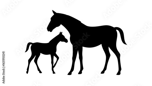 Silhouette of a mare and foal standing next to each other on a white background in a simple illustration