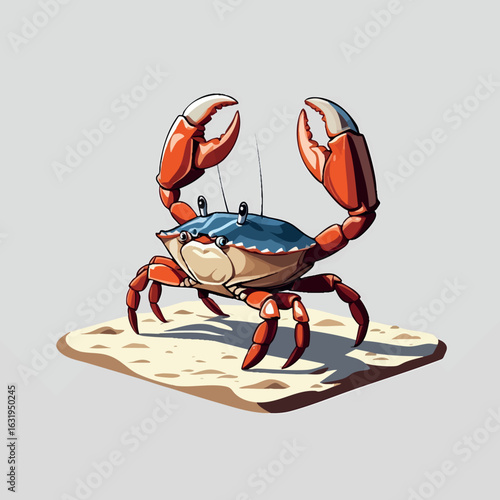 Isometric vector crab walking sideways on sandy base, pincers lifted, vector-friendly, isolated on white